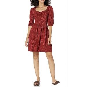 Roxy Women’s Rolling Sunsets Floral Smock Bodice Red Cotton Blend Dress Medium